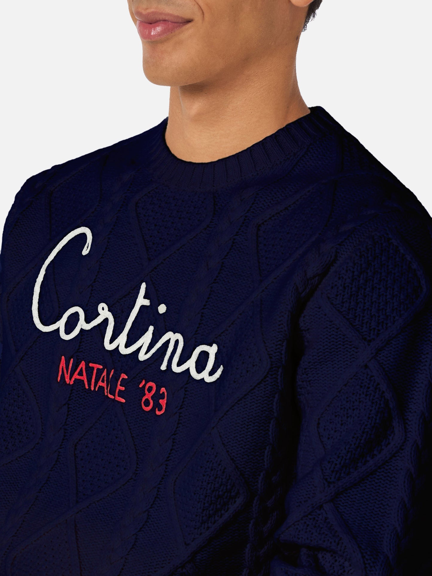 Blue crewneck sweater Bergen Tricot with Cortina Natale '83 embroidery