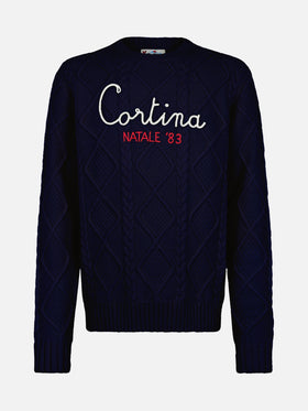Blue crewneck sweater Bergen Tricot with Cortina Natale '83 embroidery