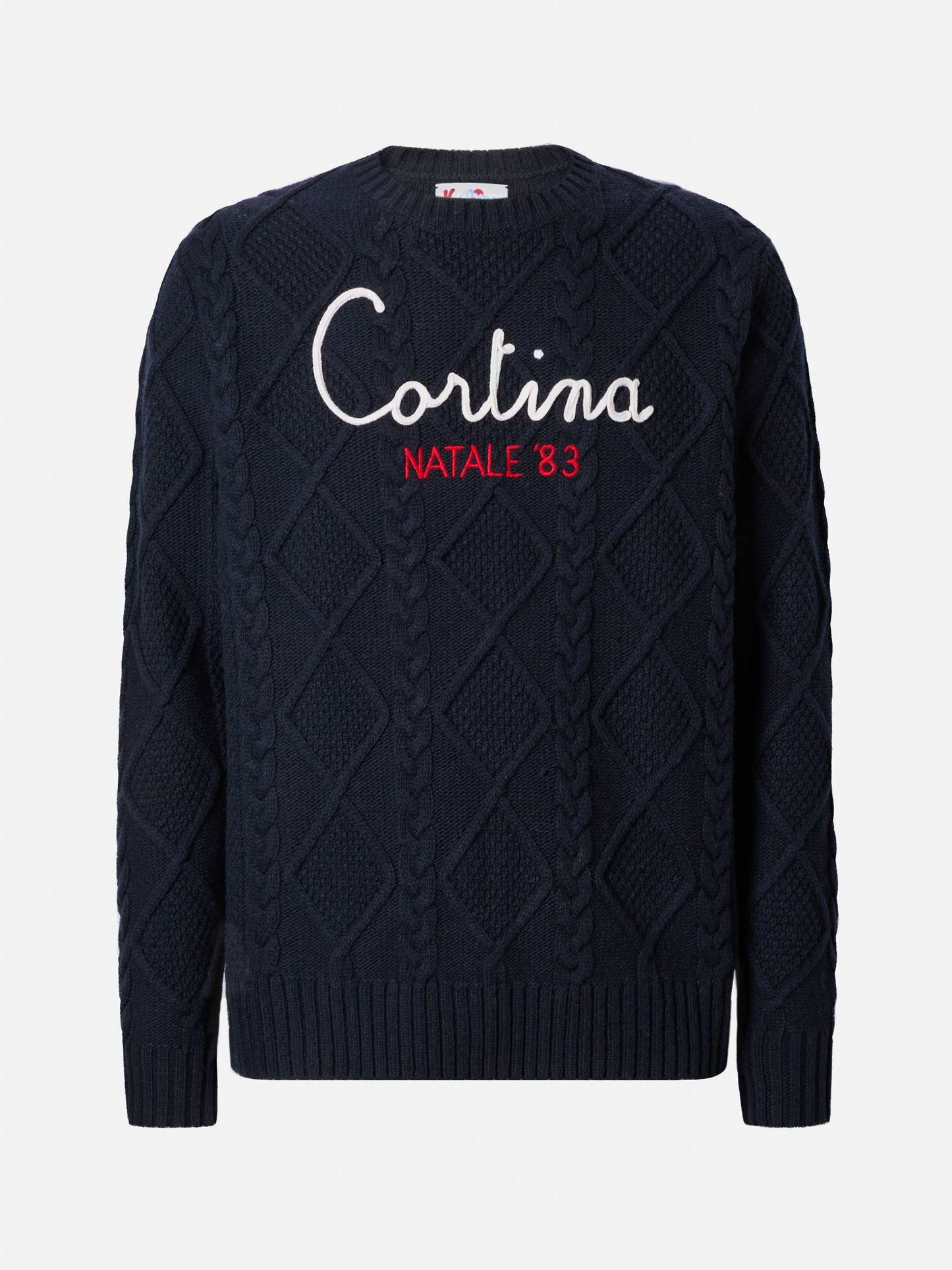Blauer Rundhalspullover Bergen Tricot mit Cortina Natale '83 Stickerei