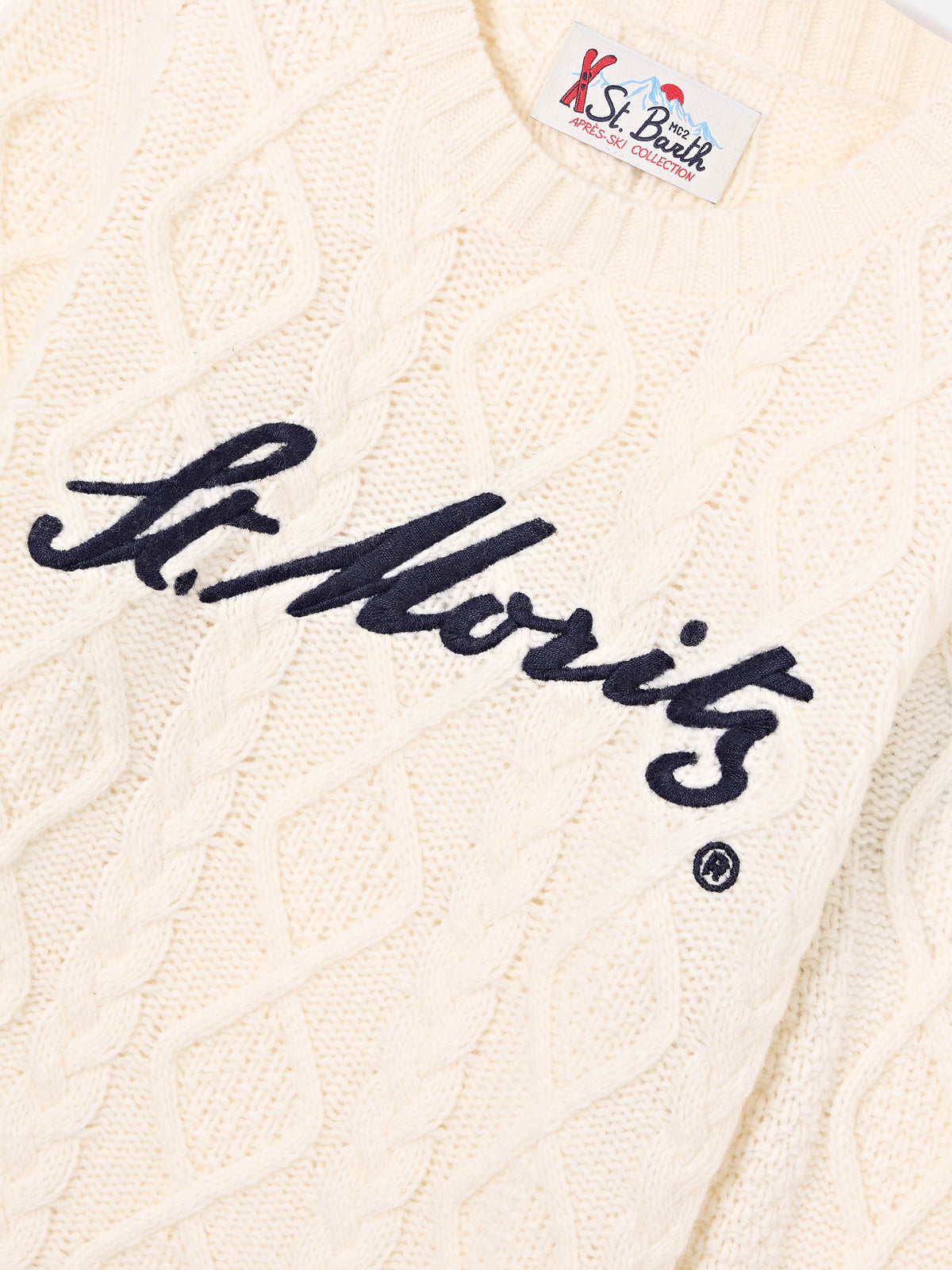 Cream Bergen cable knit crewneck with St. Moritz embroidery | Special edition