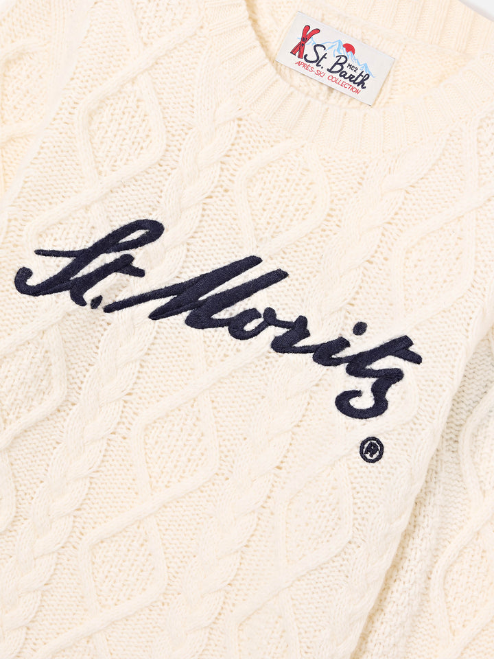 Jersey de punto trenzado color crema con cuello redondo y bordado St. Moritz | Special edition 