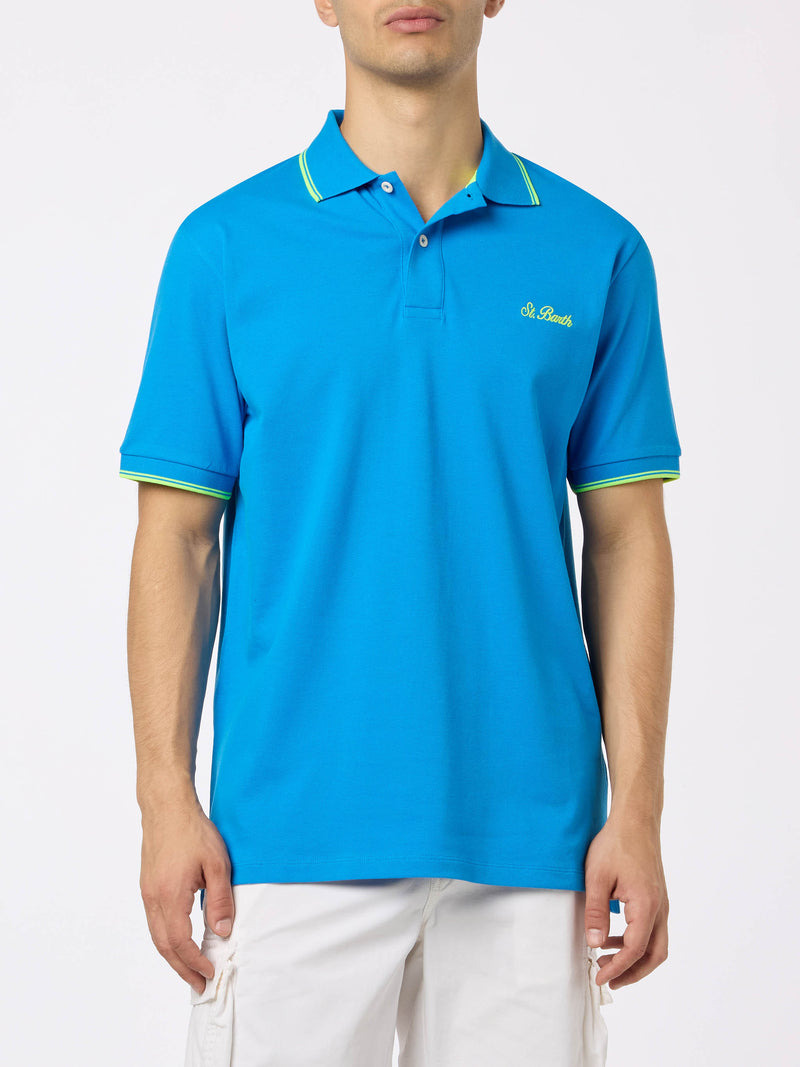 Herren-Poloshirt Beverly Hills aus blauem Baumwoll-Piqué mit Palmenstickerei