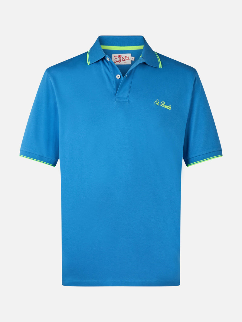 Herren-Poloshirt Beverly Hills aus blauem Baumwoll-Piqué mit Palmenstickerei