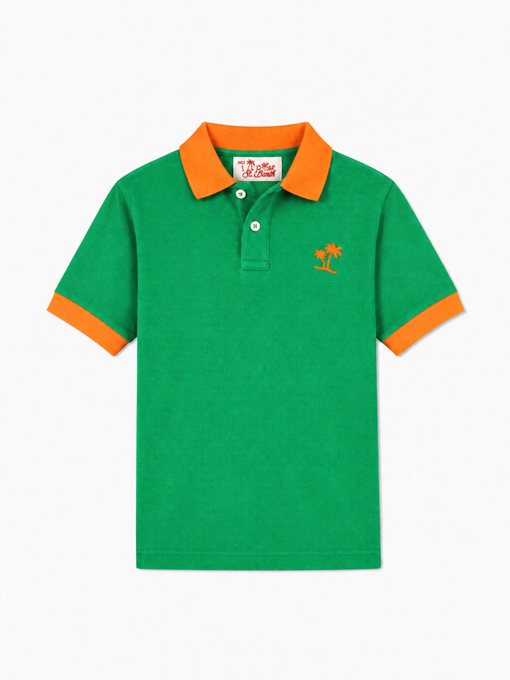 Boy green piquet polo with orange St. Barth logo