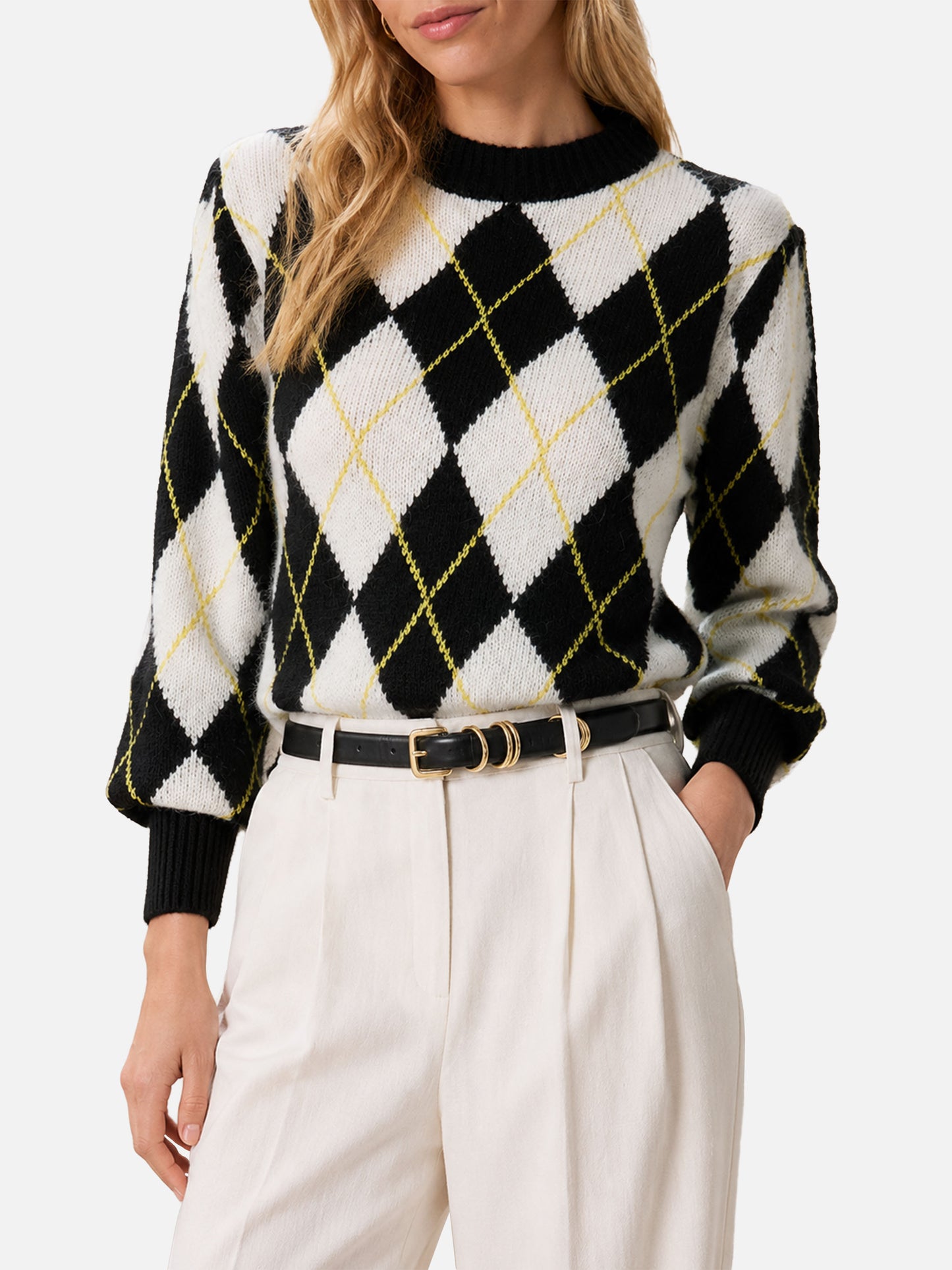 Weißer und grauer Bloom Soft Pullover mit Argyle-Muster 