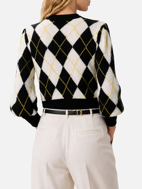 Weißer und grauer Bloom Soft Pullover mit Argyle-Muster 