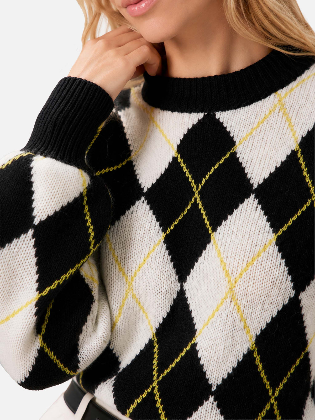 Weißer und grauer Bloom Soft Pullover mit Argyle-Muster 