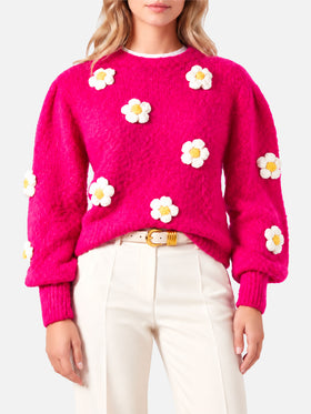 Maglia Bloom in filato spazzolato fucsia con fiori crochet 