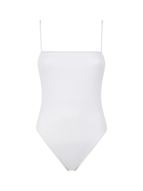 Woman white ribbed one piece swimsuit