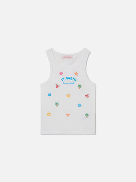 Blue Jr Tank-Top in white stretch cotton with multicolor embroidery