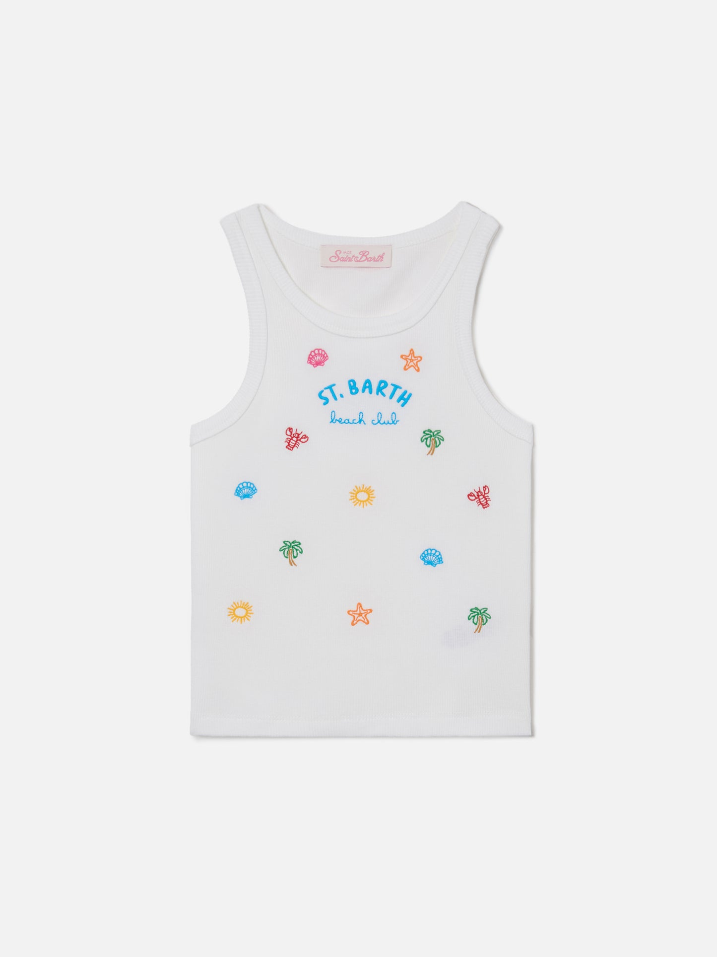 Camiseta de tirantes Blue Jr en algodón elástico blanco con bordado multicolor 