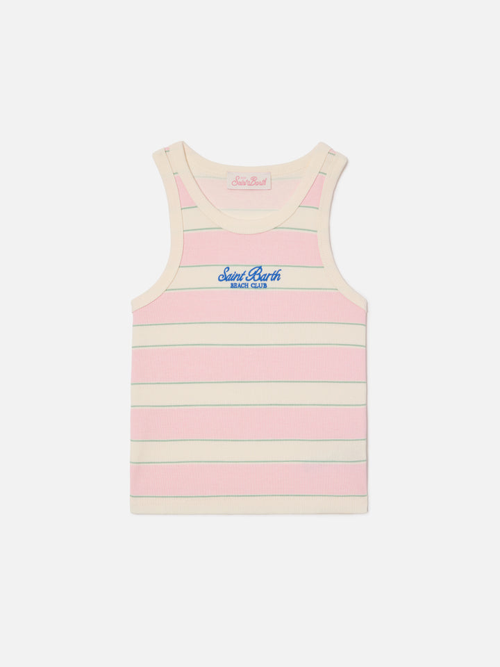 Top Blue Jr a righe rosa, bianche e verdi con logo ricamato