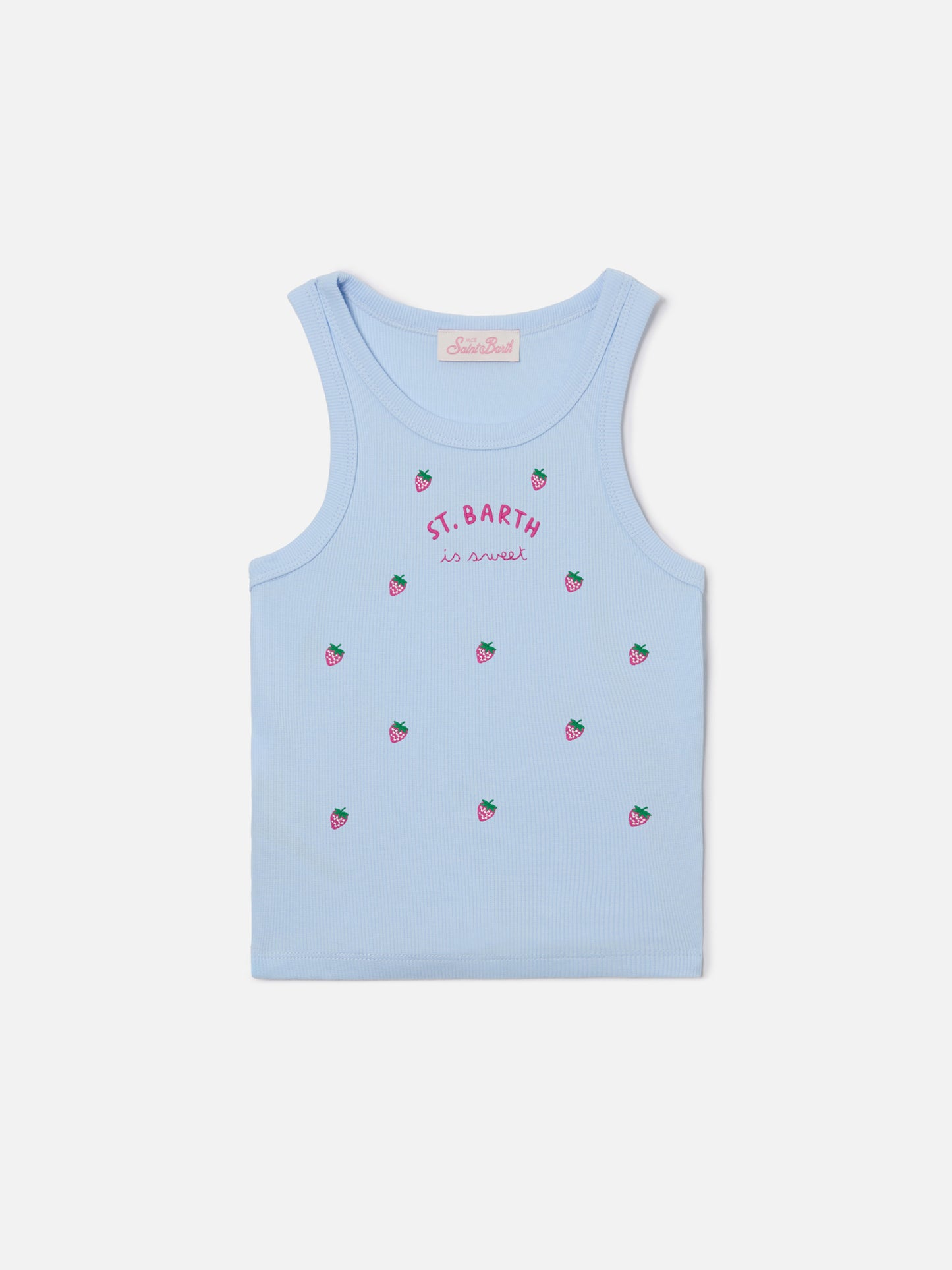 Blaues Jr Tank-Top in Hellblau mit süßer St. Barth-Stickerei und Erdbeeren 