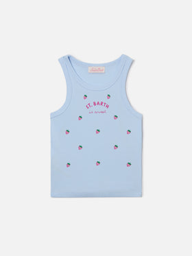Blaues Jr Tank-Top in Hellblau mit süßer St. Barth-Stickerei und Erdbeeren 