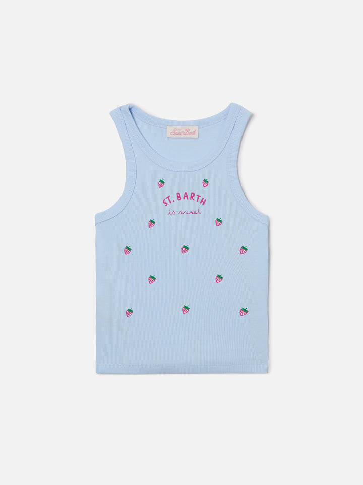 Blaues Jr Tank-Top in Hellblau mit süßer St. Barth-Stickerei und Erdbeeren 
