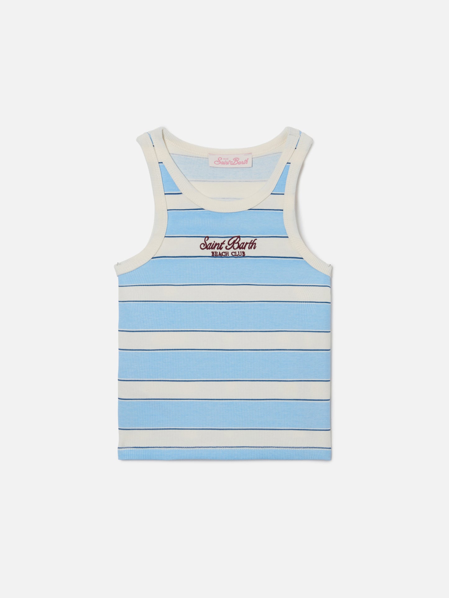 Blue Jr Tank-Top with light blue and cream stripes and embroidered logo