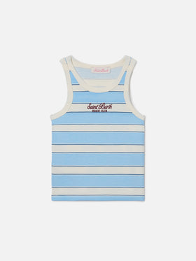 Blue Jr Tank-Top with light blue and cream stripes and embroidered logo