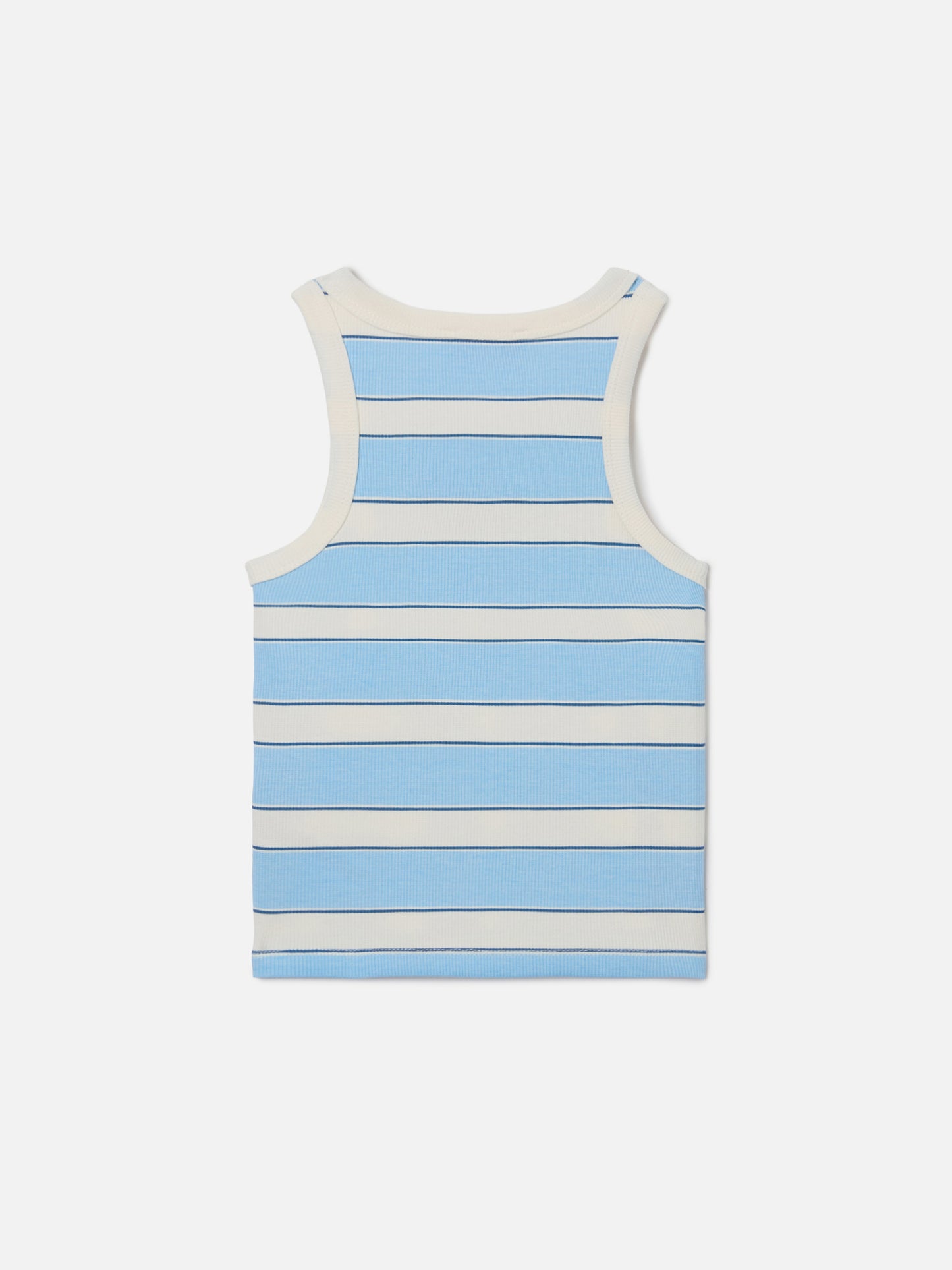 Blue Jr Tank-Top with light blue and cream stripes and embroidered logo