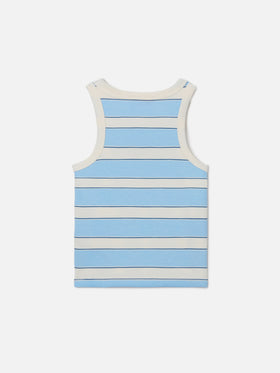 Blue Jr Tank-Top with light blue and cream stripes and embroidered logo