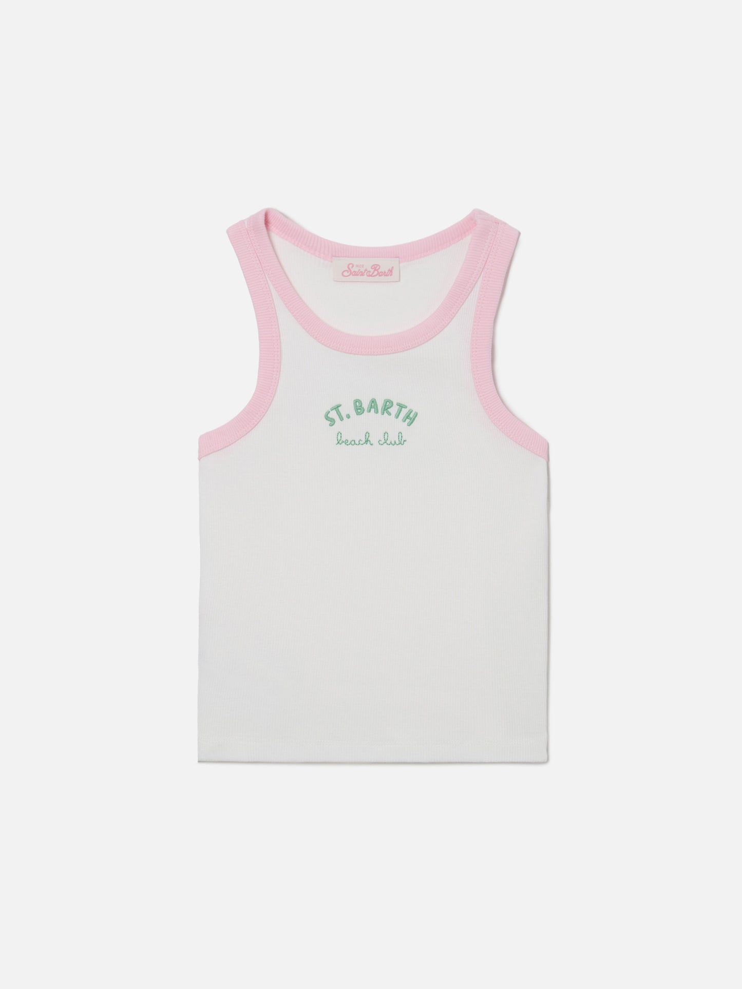 Blue Jr Tank-Top in white with embroidered logo and pink trims