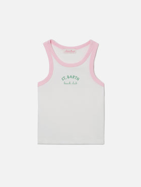 Blue Jr Tank-Top in white with embroidered logo and pink trims