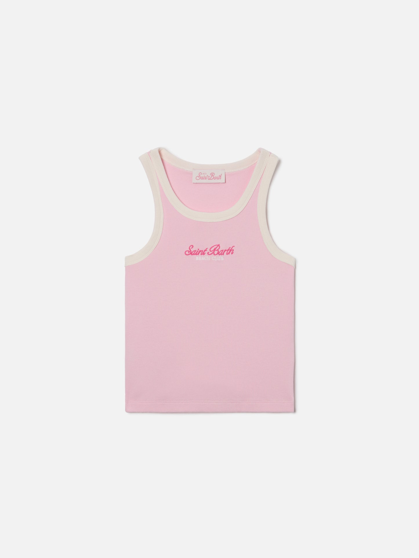 Blue Jr Tank-Top in pink with embroidered logo and cream trims