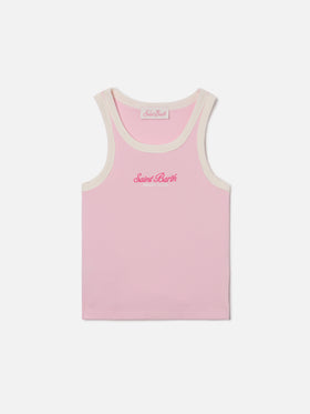 Blue Jr Tank-Top in pink with embroidered logo and cream trims