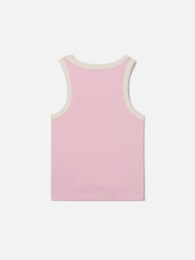 Blue Jr Tank-Top in pink with embroidered logo and cream trims