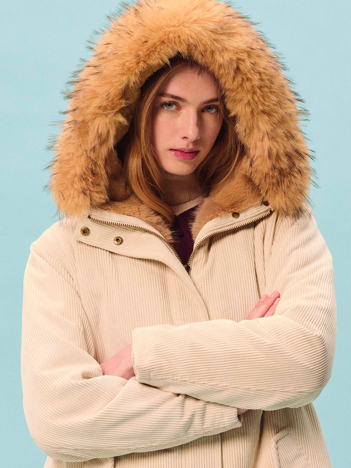 Parka Brenna ghiaccio in velluto a coste con cappuccio in effetto pelliccia