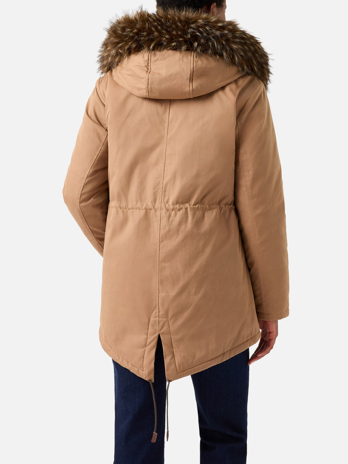 Parka Brenna beige in tessuto cerato di misto cotone con cappuccio in effetto pelliccia