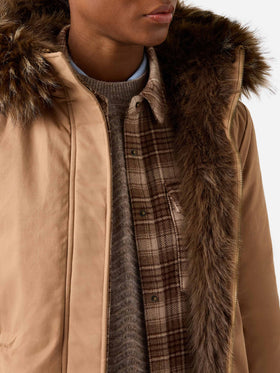 Parka Brenna beige in tessuto cerato di misto cotone con cappuccio in effetto pelliccia