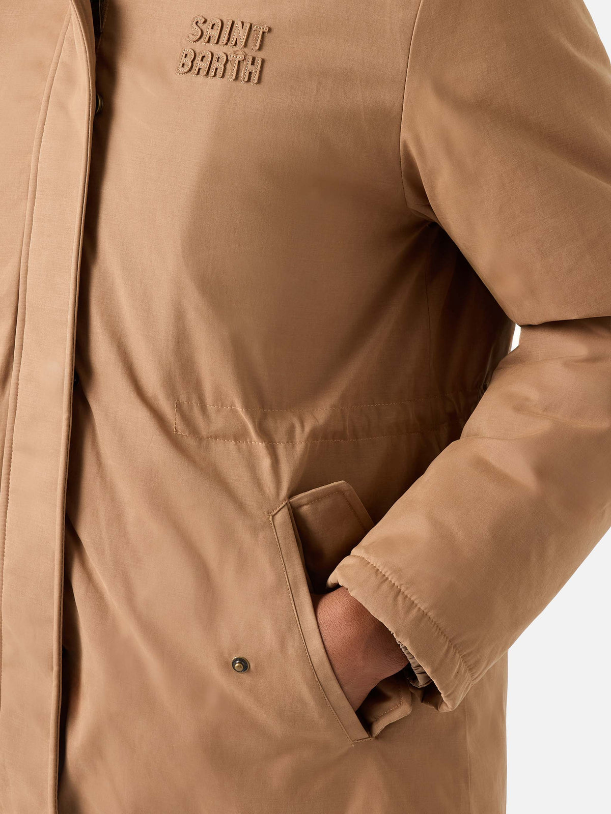 Parka Brenna beige in tessuto cerato di misto cotone con cappuccio in effetto pelliccia