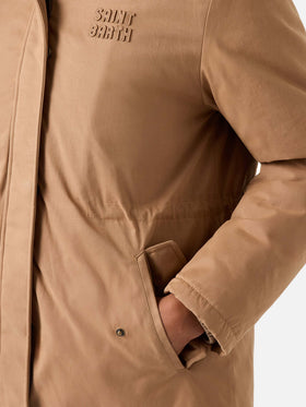Parka Brenna beige in tessuto cerato di misto cotone con cappuccio in effetto pelliccia