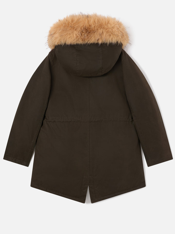 Parka Brenna verde militare in tessuto cerato con cappuccio in effetto pelliccia