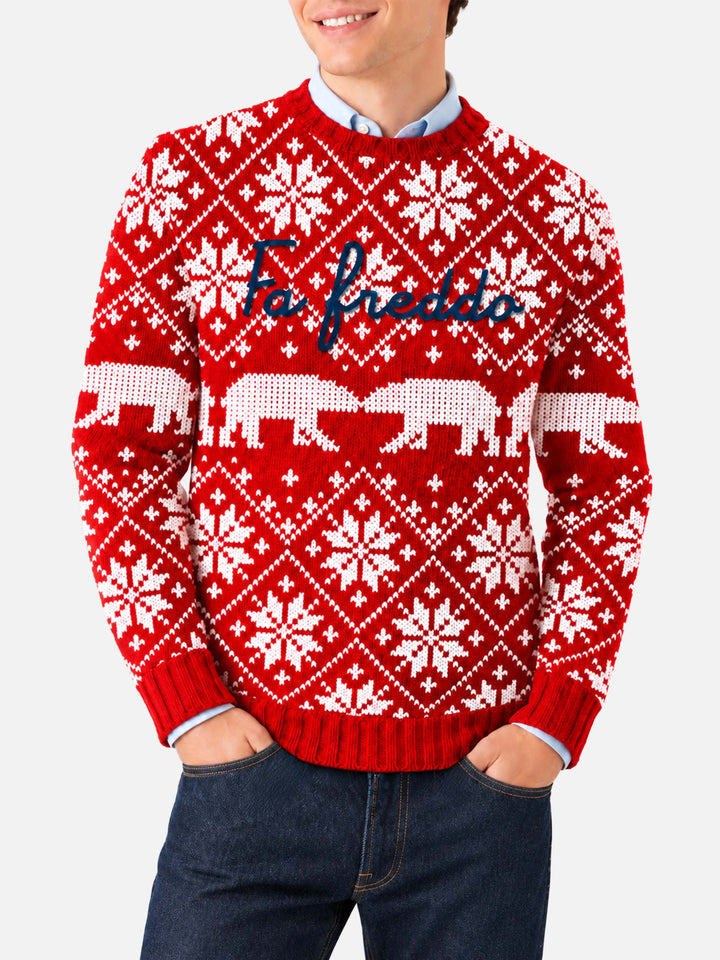 Red Bombardino crewneck sweater with Fa Freddo lettering