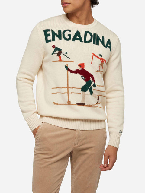 White sweater Bombardino Light with Engadina skiers jacquard - MC2 Saint Barth