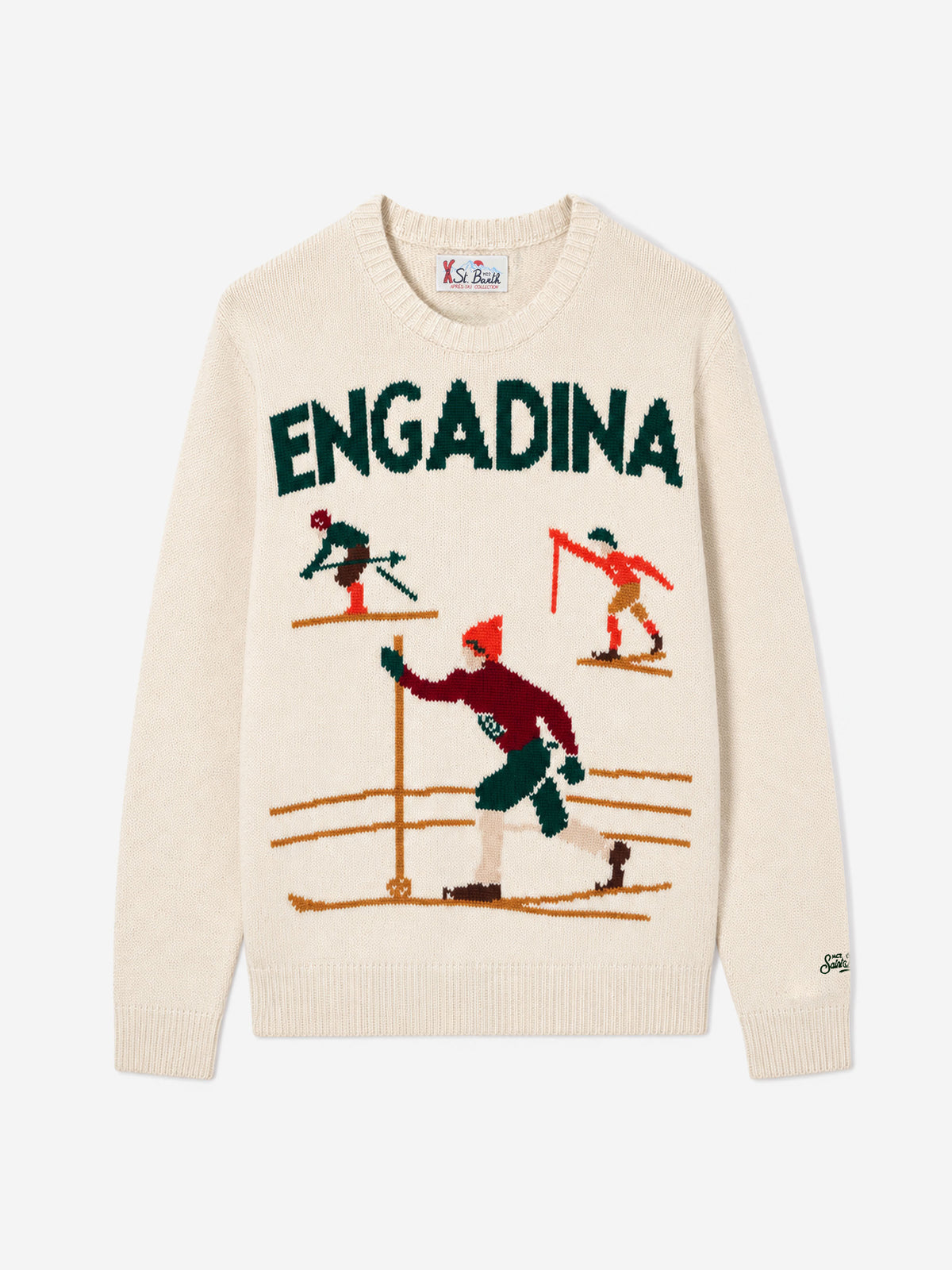 Pull blanc Bombardino Light avec jacquard skieurs Engadina 