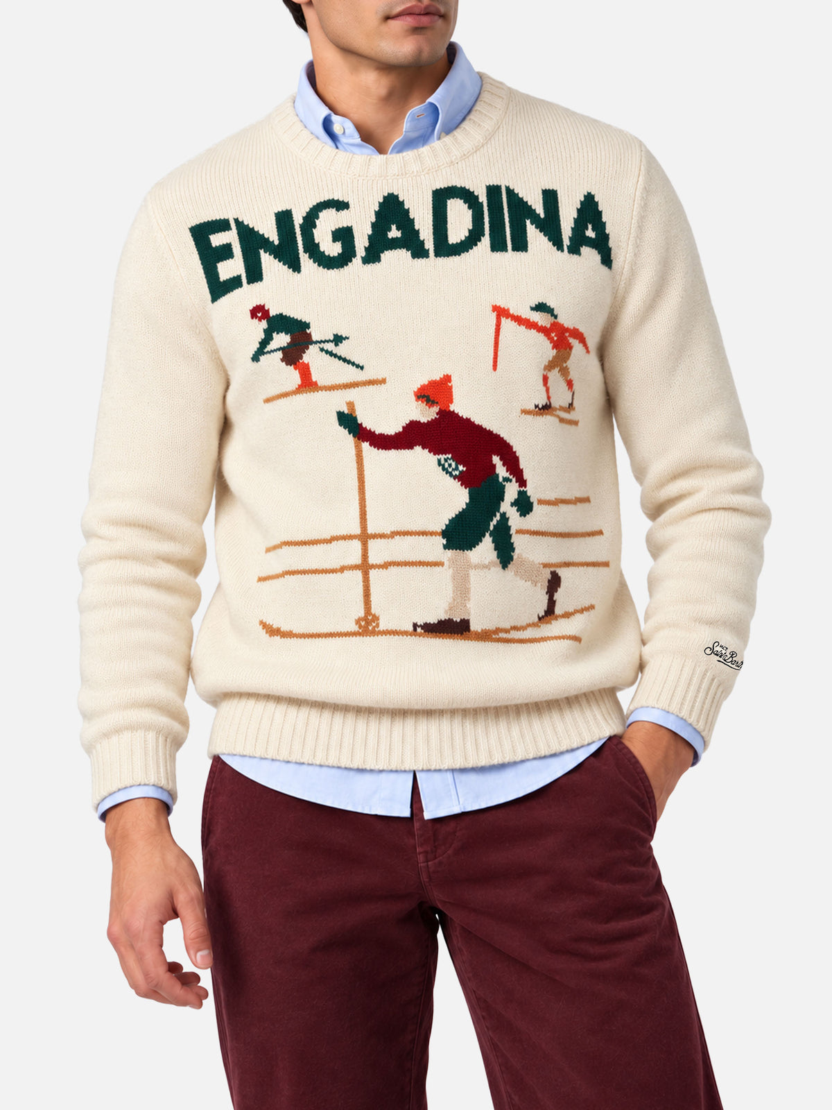 Pull blanc Bombardino Light avec jacquard skieurs Engadina 