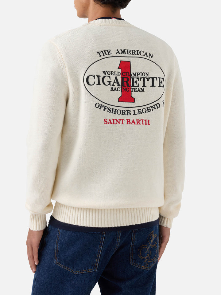 Pull en maille col rond Light Bombardino crème avec broderie Cigarette au dos | Special edition 