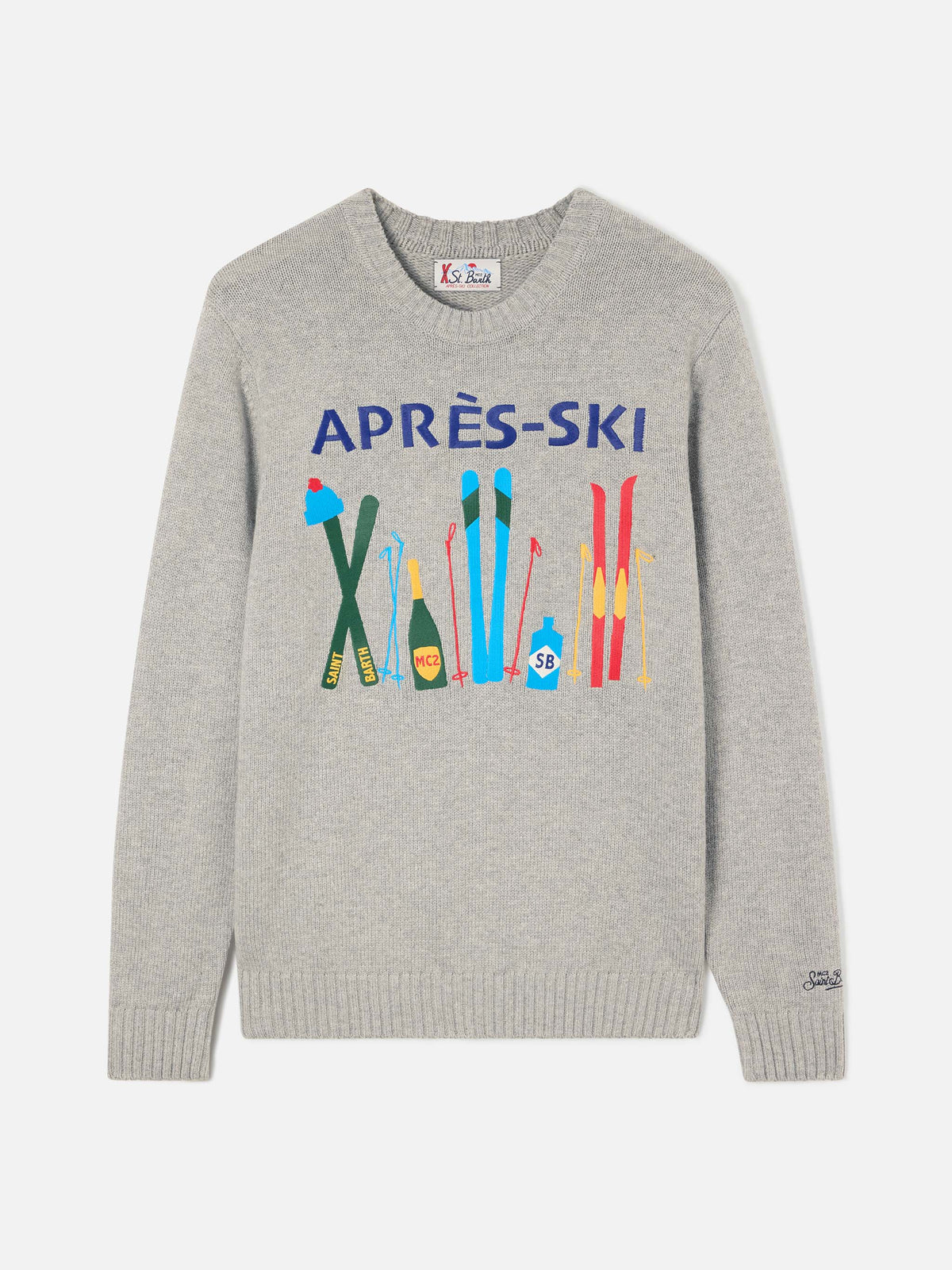 Pull en maille col rond Grey Bombardino Light avec intarsia et broderie Après Ski 