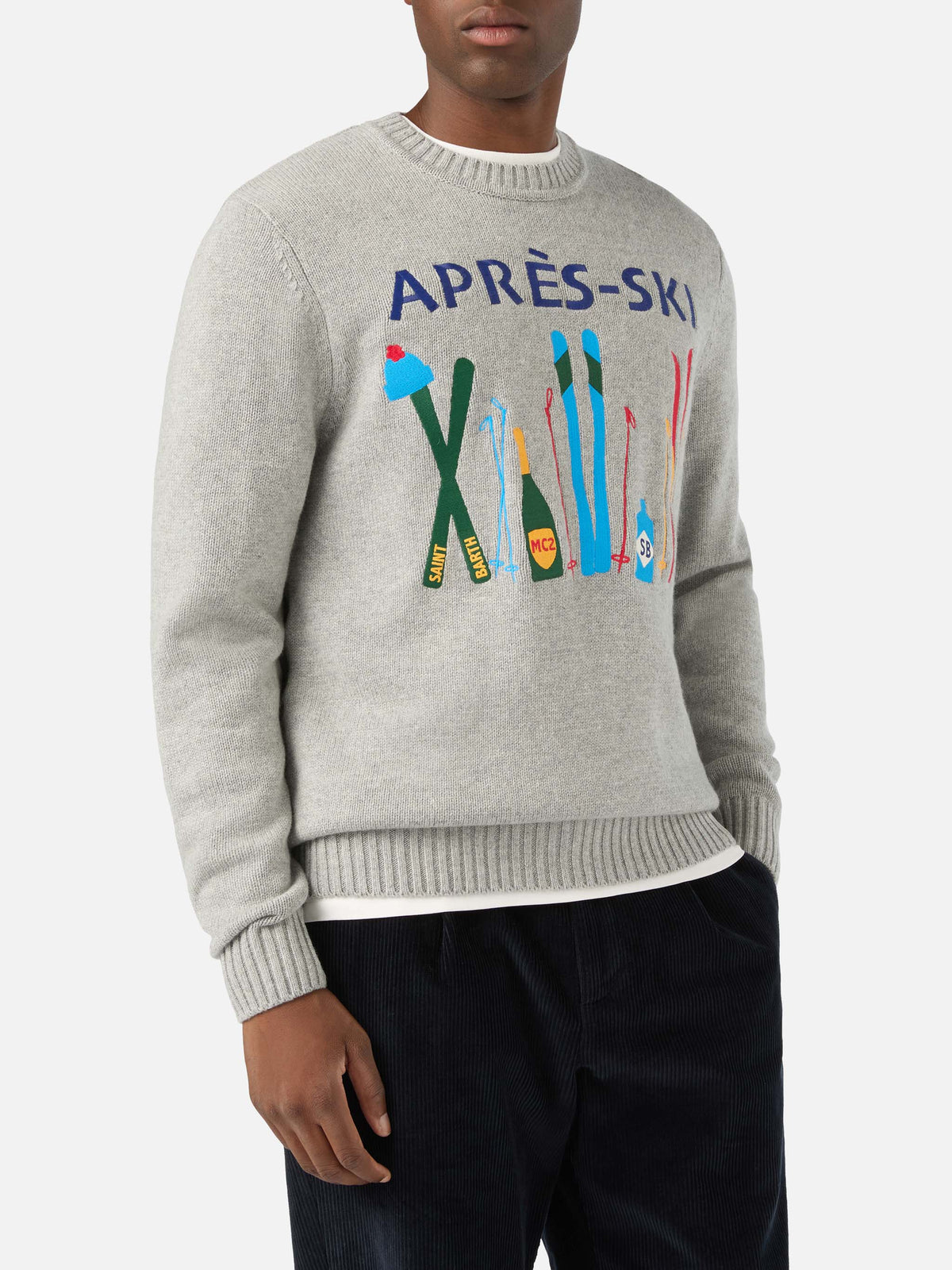 Pull en maille col rond Grey Bombardino Light avec intarsia et broderie Après Ski 