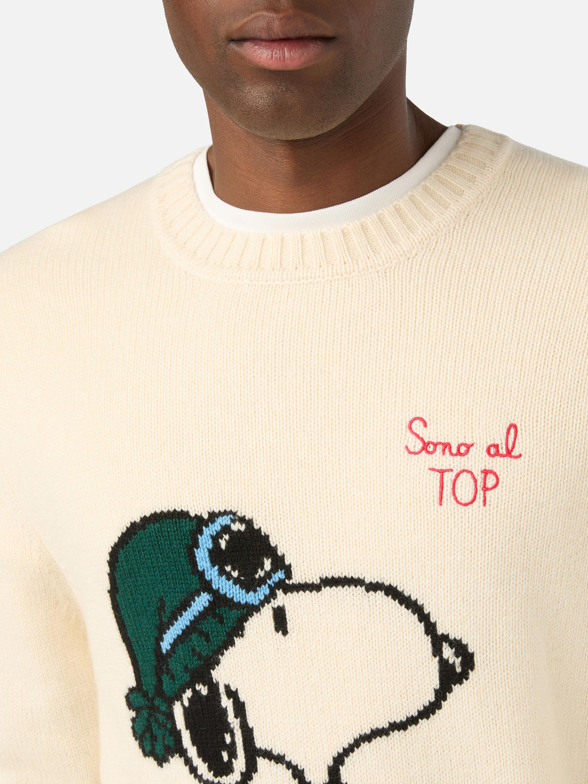 Cremefarbener Bombardino leichter Rundhals-Strickpullover mit Snoopy-Intarsie und Stickerei | Special edition 