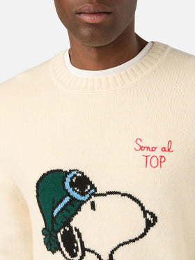 Cremefarbener Bombardino leichter Rundhals-Strickpullover mit Snoopy-Intarsie und Stickerei | Special edition 