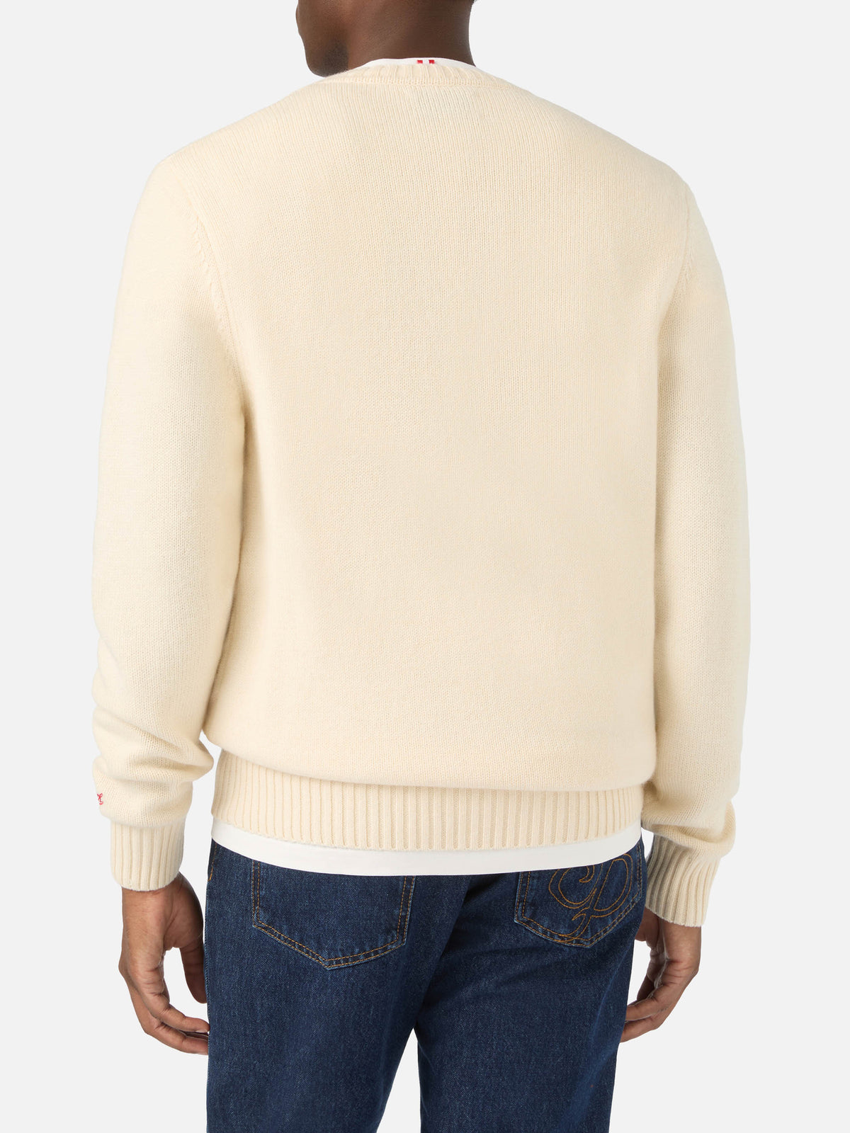 Cremefarbener Bombardino leichter Rundhals-Strickpullover mit Snoopy-Intarsie und Stickerei | Special edition 