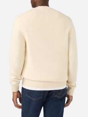 Cremefarbener Bombardino leichter Rundhals-Strickpullover mit Snoopy-Intarsie und Stickerei | Special edition 