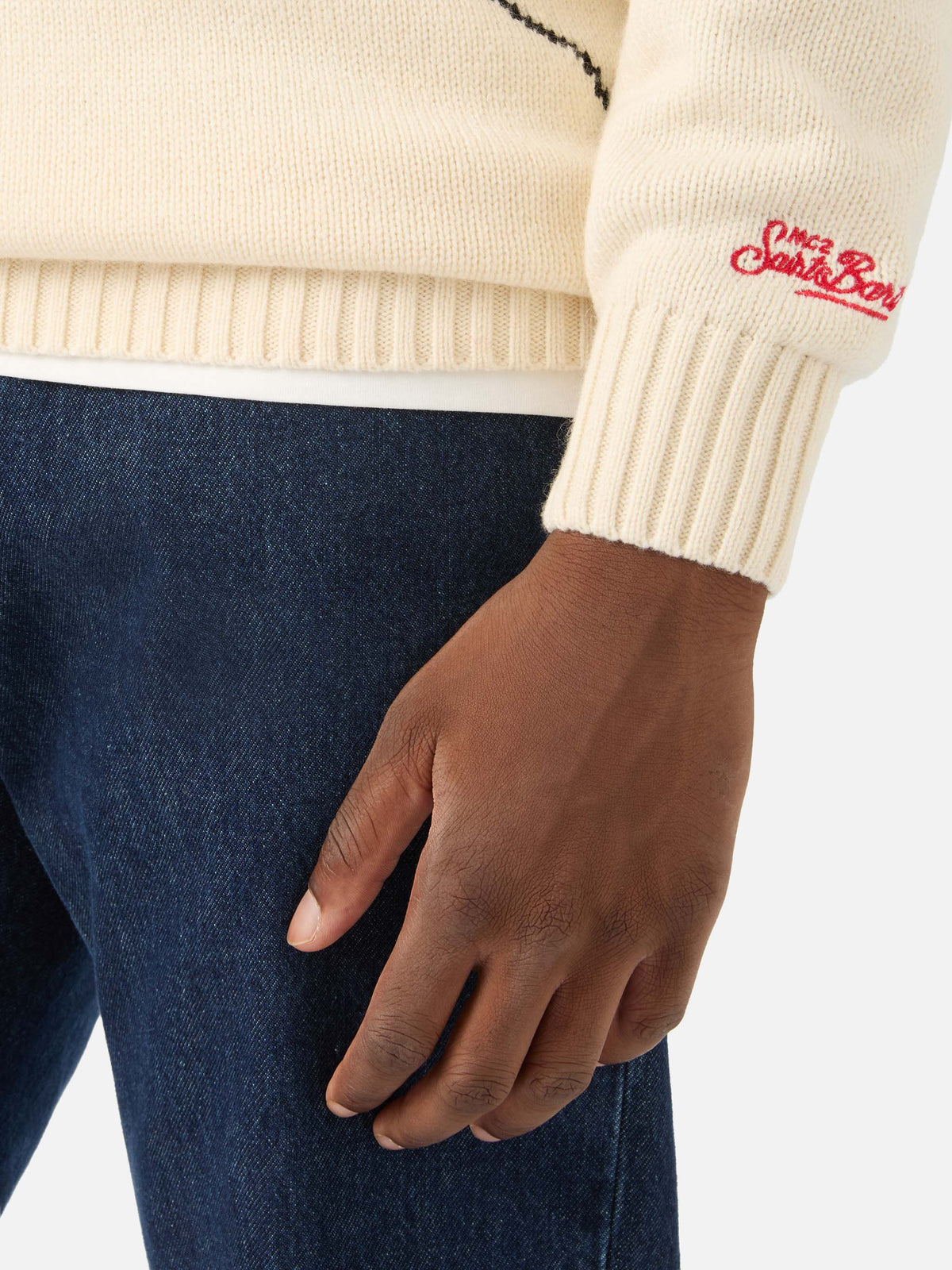 Cremefarbener Bombardino leichter Rundhals-Strickpullover mit Snoopy-Intarsie und Stickerei | Special edition 