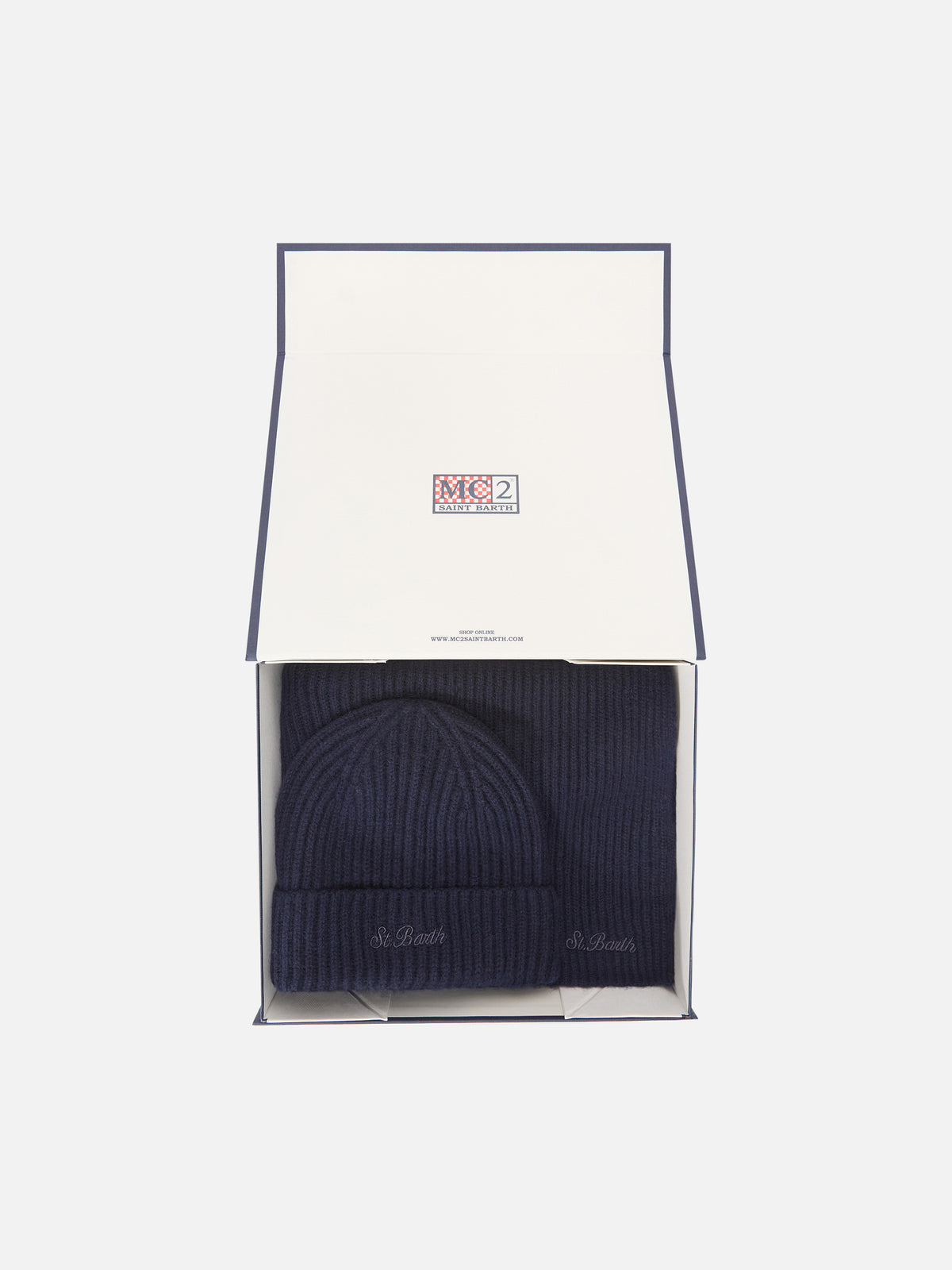 Set berretto e sciarpa blu navy in cashmere