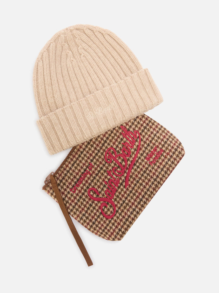 Ensemble Pochette avec motif pied-de-poule et bonnet beige 