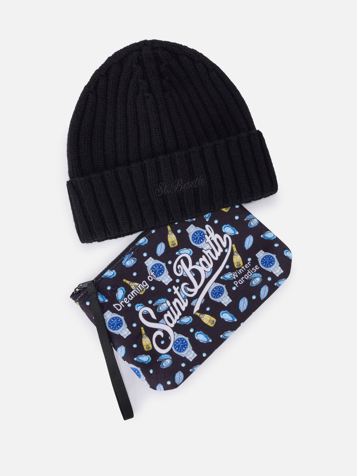 Pochette with oysters and watches print and black beanie set