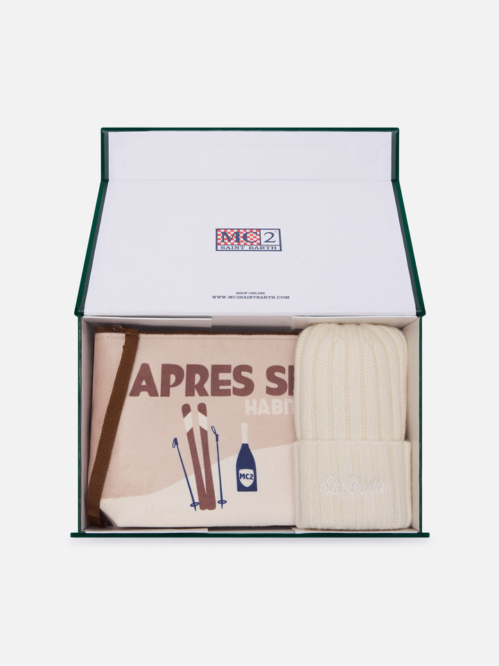 Set aus Pochette mit Après Ski-Print und beiger Mütze 